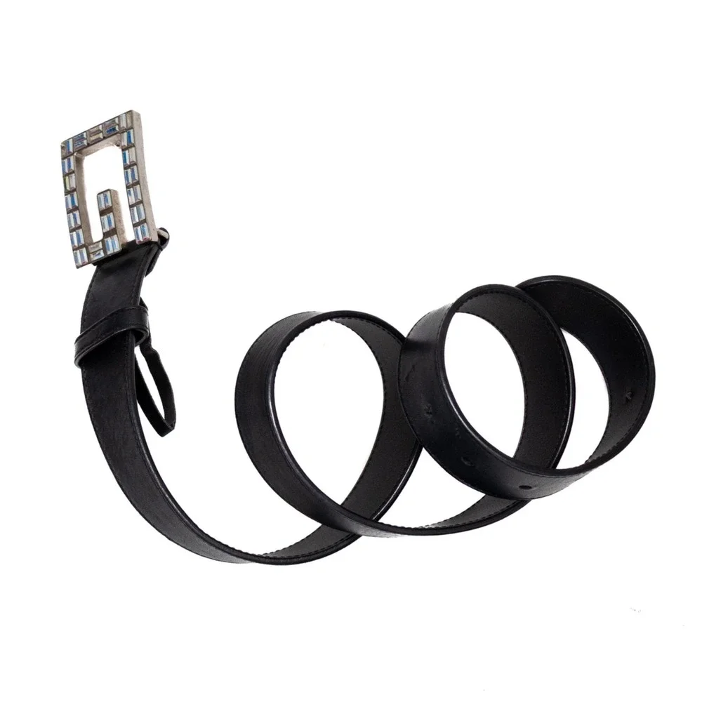 Gucci Women's Black Leather Square G Crystal Madelyn Buckle‎ Belt 90 CM SZ 80/32